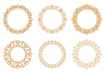 Set of decorative frames Elegant vector element for design in Eastern style, place for text. Floral golden and white borders. Lace illustration for invitations and greeting cards