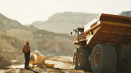 Mining supervisor overseeing workers operating heavy machinery at an active mining site. Featuring leadership and oversight
