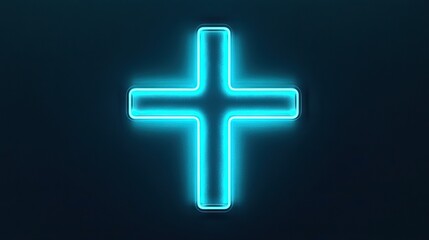Obraz premium Neon medical cross symbol illuminated on a dark blue background