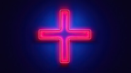 Obraz premium Neon medical cross symbol illuminated on a dark blue background
