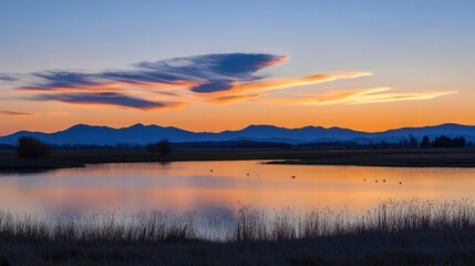 Serene sunset over tranquil pond, mountains in background