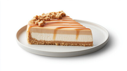 Realistic food photo of a sliced cheesecake, golden-brown top with delicate caramel drizzle