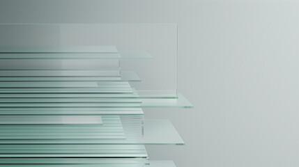 Stack of transparent glass sheets with subtle etched layers symbolizing hierarchical subcategories, minimalist concept for organization and structure visualization.