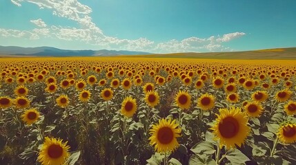 Obraz premium Sunflower field stretching into the horizon with vibrant yellow blooms under blue sky