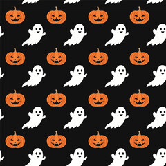 Halloween Pattern with Pumpkins and Ghosts on Black Background