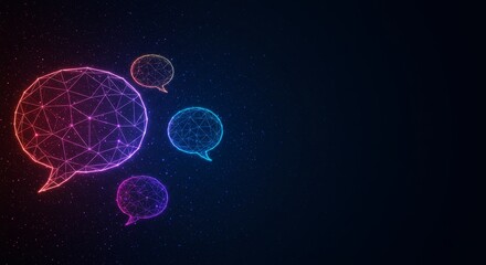 Glowing Polygonal Speech Bubbles - Concept banner symbolizing virtual communication, dialogue, online networking, e-commerce interaction, and global connectivity