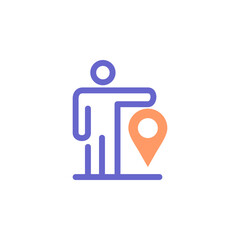A 3D location pin icon symbol with people, communication, and internet concepts in a blue design