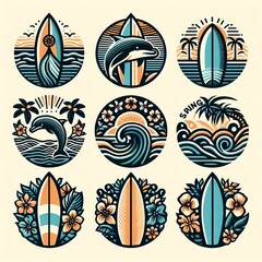 Obraz premium icons set of tropical spring or summer beach with sun, palm tree, sea, and sand for illustration design