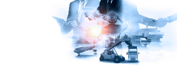 The double exposure image of the businessman using a smartphone during sunrise overlay with Logistics and transportation of Container Cargo ship and Cargo plane