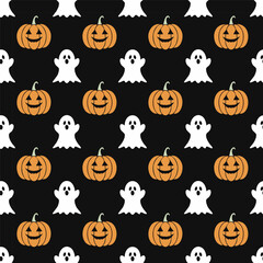 Naklejka premium Halloween Pattern with Pumpkins and Ghosts illustration