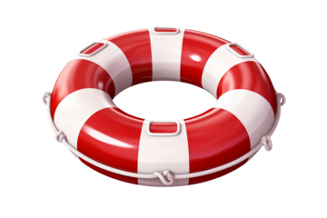 A red and white striped life preserver floating against a plain black studio background for safety use png