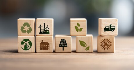Environmental concepts on ESG, environment, carbon, recycling, society, industry and solar energy. sustainable natural energy Green icon on a wooden block. Copy space
