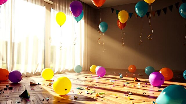 A vibrant party room filled with colorful balloons and confetti scattered across the wooden floor