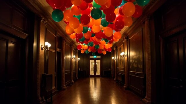 A vibrant corridor adorned with colorful balloons hanging from the ceiling