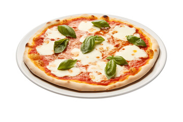 A delicious margherita pizza with basil leaves on a white plate ready to be served and enjoyed now png
