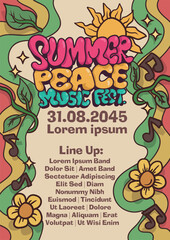 summer peace music festival poster concept. three color with tropical flower and sun in abstract style. international paper size music poster template vector illustration.