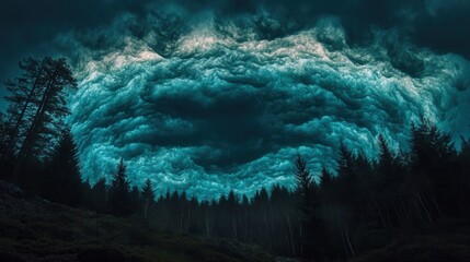 Stormy clouds gather over a dark forest