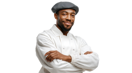 Confident Chef Portrait: A smiling chef, dressed in a crisp white uniform and distinguished cap, exudes culinary expertise.