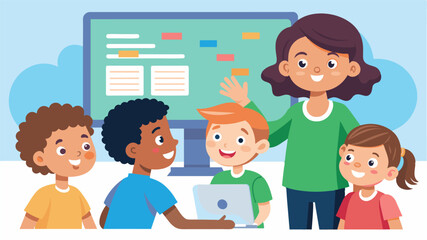 A smiling teacher assisting a group of kids as they work together to debug a code on an interactive whiteboard.. Vector illustration