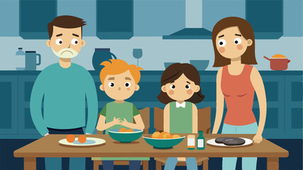 In a dilapidated kitchen a family of four gathers around their wornout dinner table their faces crestfallen as they realize there wont be enough food to go around.. Vector illustration