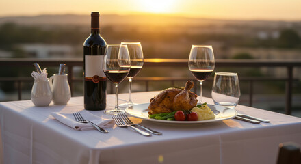 Romantic Sunset Dinner - A romantic dinner for two, featuring roast chicken, mashed potatoes, and wine, set against a stunning sunset backdrop