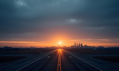 A view of an airplane runway with city buildings in distance and sun setting on horizon.