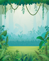 Lush jungle scene with green foliage and sunlight