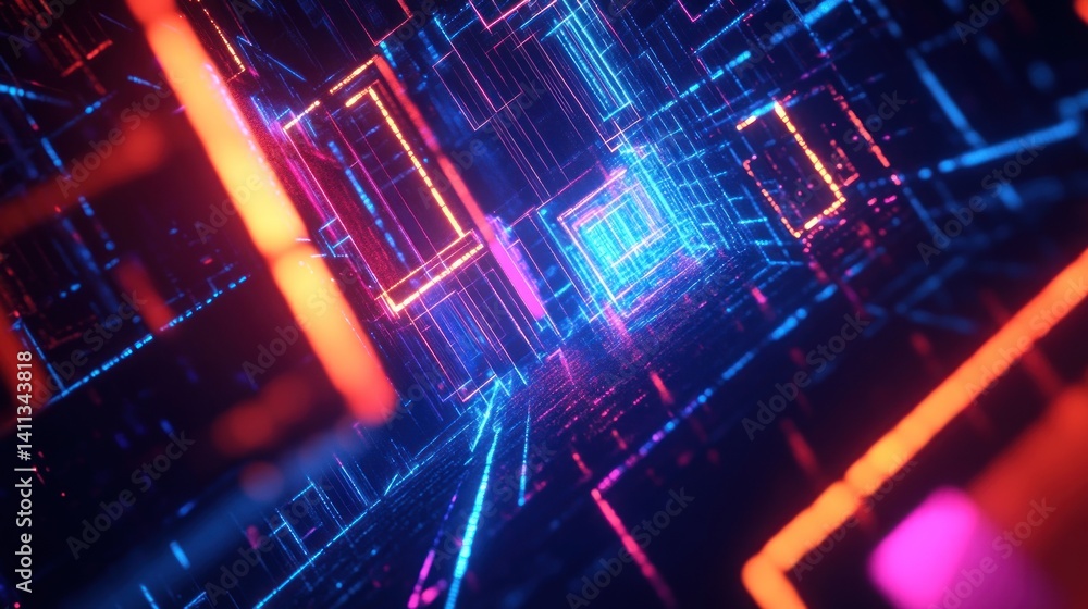 Poster navigating a futuristic cityscape crafted from vibrant neon lines and glowing pathways, evoking a se