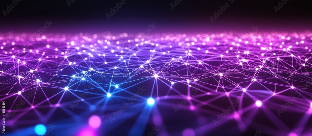Poster abstract glowing network background showcasing interconnected nodes and lines in purple and blue ton