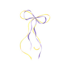 Satin pastel dual bow of yellow and lilac thin ribbon. Hand drawn watercolor illustration isolated from background for wedding invitation, fabric, sticker, scrapbooking paper, fashion, beauty design