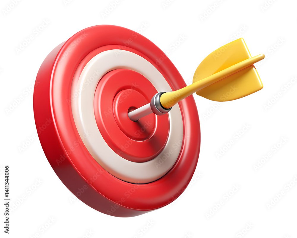 Poster dart arrow on target dartboard. 3d isolated on white background.