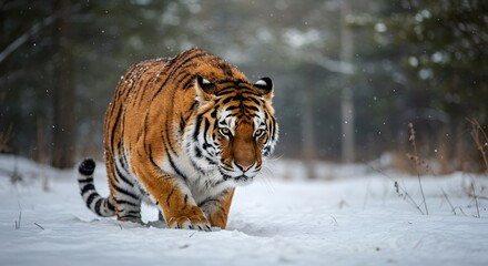 Obraz premium Tiger walking through the snow-covered woods, its orange and black stripes blending with the winter scene.