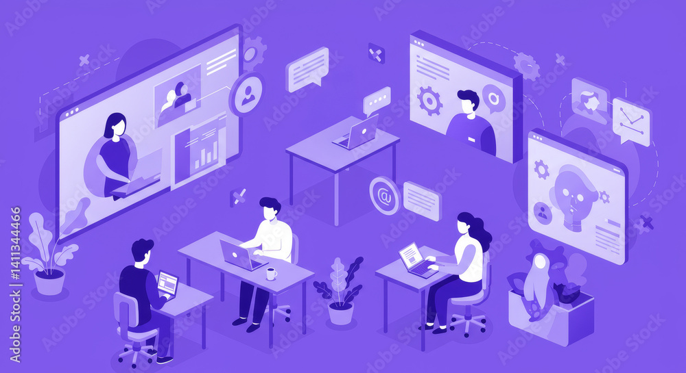Poster virtual team collaboration and communication - illustrative isometric design showing a virtual team 