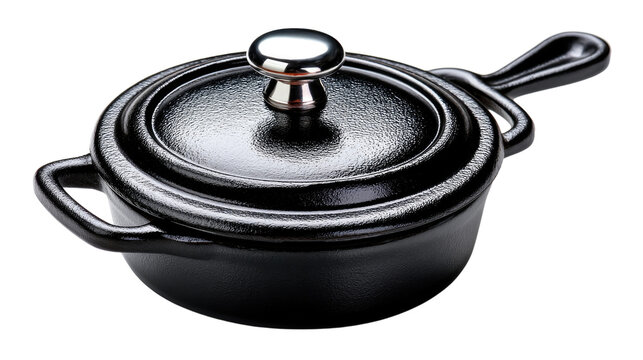 Cast Iron Mini Cocotte: A  small black enameled cast iron cocotte with a silver knob and handle. It is perfect for individual portions or sauces and is ideal for serving.