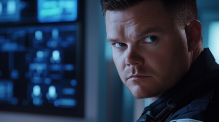 A security guard monitoring surveillance cameras in a control room. Featuring vigilance and security