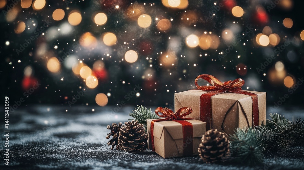 Poster a festive tableau featuring neatly wrapped christmas presents adorned with elegant ribbons, set agai