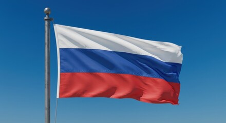 The Russian Federation Flag Waving Proudly Under a Clear Blue Sky