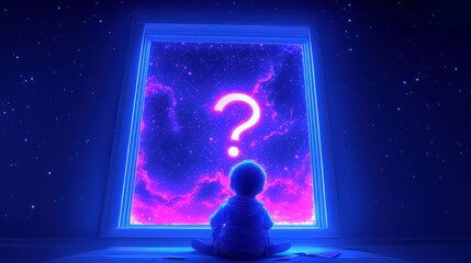 Obraz premium Child drawing a question mark on a fogged window, gazing at a luminous starry sky, wonder and curiosity illuminated by distant celestial lights