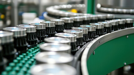 Obraz premium Close up of production line with metal cans in factory