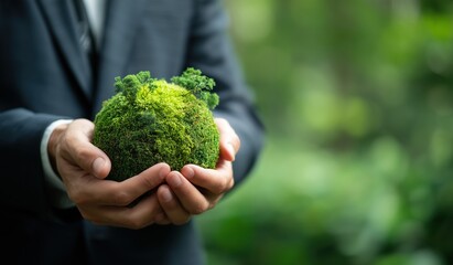 Environmental concept, ecology and business, sustainable environment Net zero greenhouse gas emissions target. Businessman holding a green globe nature background