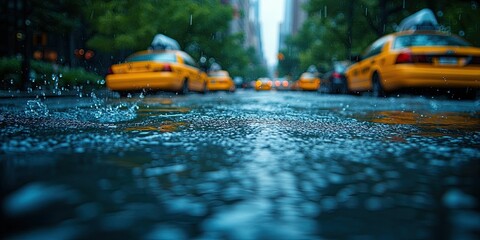 Fototapeta premium Rainy day in the city with yellow cabs