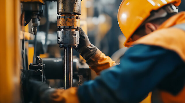 Mining technician inspecting underground drilling equipment in a gold mine. Featuring equipment maintenance and safety checks