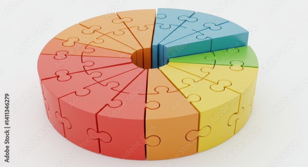 Aufkleber colorful puzzle pie chart - a vibrant circular puzzle chart, segmented into colorful pieces, represe