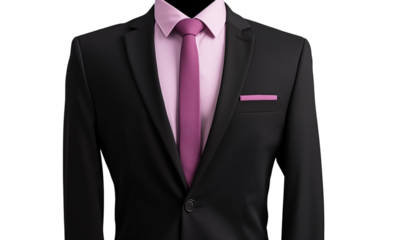 A black suit with a pink shirt and tie displayed against a transparent background in studio shot png