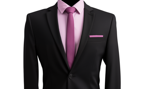 A black suit with a pink shirt and tie displayed against a transparent background in studio shot png - Powered by Adobe