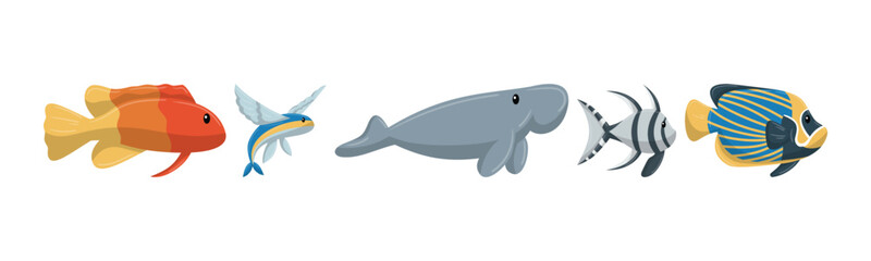 Cheerful cartoon collection of colorful and distinct sea creatures. Illustration of aquatic animals, great for educational and decorative projects.