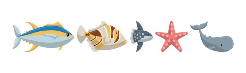 A vibrant cartoon illustration featuring various marine creatures like a tuna, tropical fish, starfish, whale, and sunfish, rendered in a playful and colorful style.