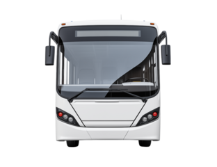 Front view of a white bus with large windshield and side mirrors on a transparent background in a studio shot png