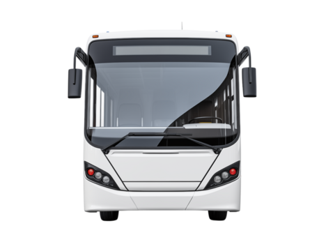 Front view of a white bus with large windshield and side mirrors on a transparent background in a studio shot png