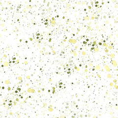 Seamless pattern with olive abstract watercolor splashes, drops and blots. Hand drawn light and dark green splatter. Chaotic stains design element isolated from background. Sketch of dynamic blobs.